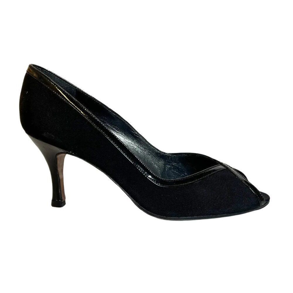 Stuart Weitzman Black Peep Toe Pumps with Patent Leather Trim Detail